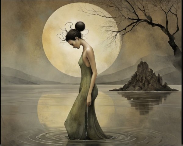Solitary Figure in Green Dress by Water at Night