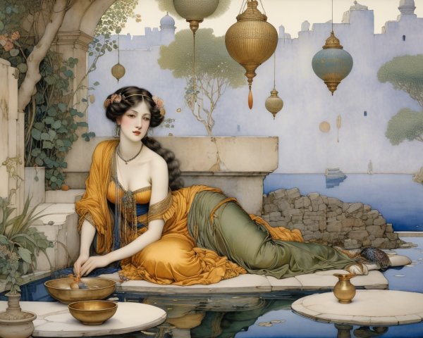 Ethereal Woman by Tranquil Pool in Vibrant Attire