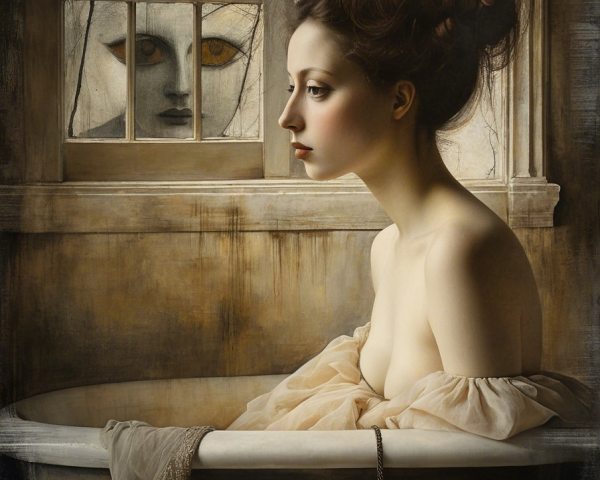 Contemplative Woman in Vintage Bathtub with Eerie Figure