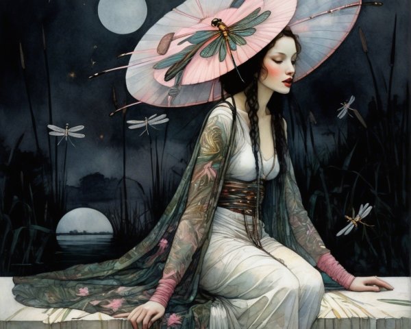 Ethereal Woman in Floral Gown Under Twin Moons