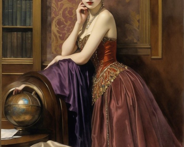 Elegant Woman in Burgundy Gown with Floral Headdress