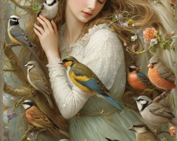 Ethereal Women Surrounded by Vibrant Birds and Flowers
