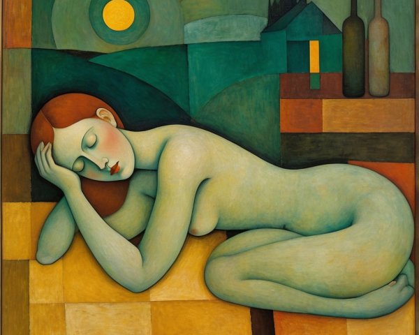 Nude Woman Reclining Against Geometric Background