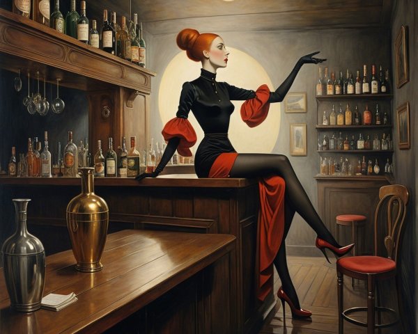 Chic Woman in Glamorous Outfit at Vintage Bar Counter