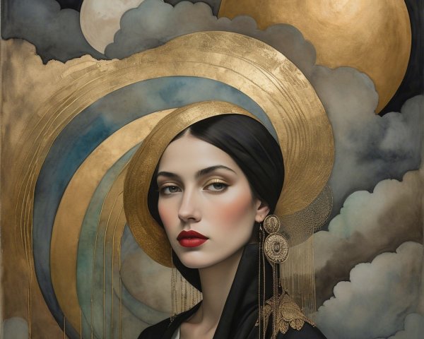 Serene Woman in Black with Celestial Background
