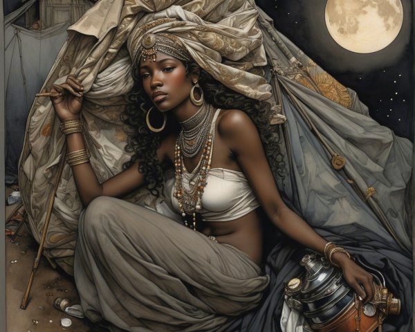 Woman in flowing outfit with lantern under moonlight