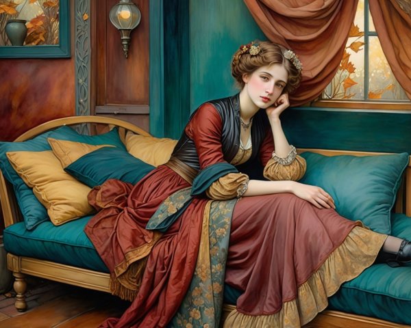 Young Woman in Gown on Teal Sofa in Autumn Light