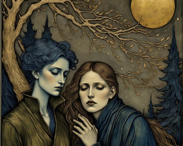 Ethereal Women in Muted Blue and Gold Landscape