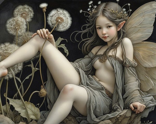 Fairy Girl Surrounded by Dandelions and Flowers