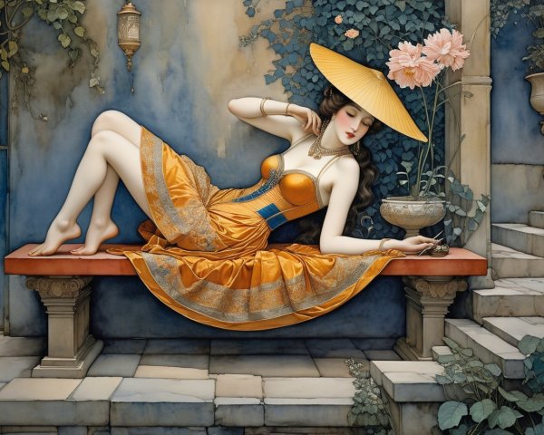 Serene Woman in Orange Dress Surrounded by Nature
