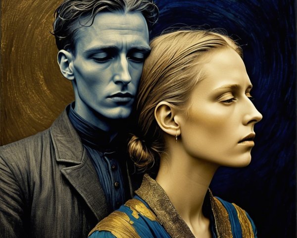 Figures with contrasting skin tones in rich clothing