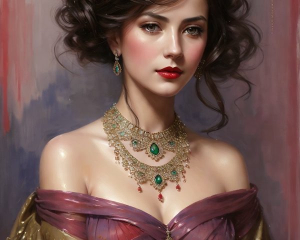 Portrait of woman with elegant updo, red flower, tiara, earrings, necklace, purple dress