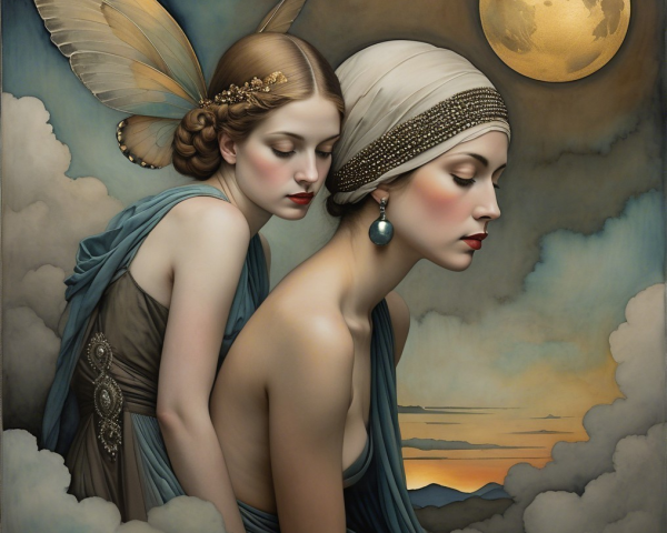 Ethereal Women in Dreamlike Landscape with Moonlight