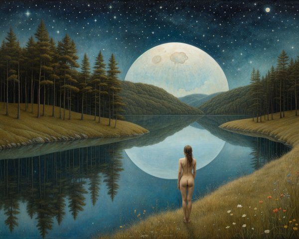 Tranquil Lake Landscape with Moon and Starry Sky