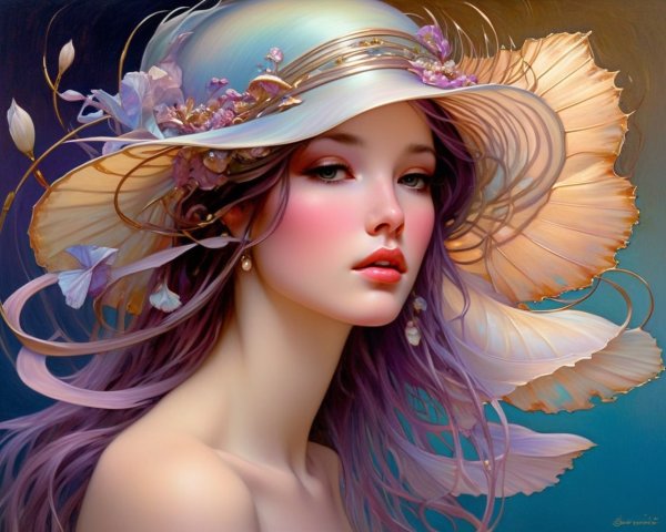 Painting of a woman in a floral wide-brimmed hat