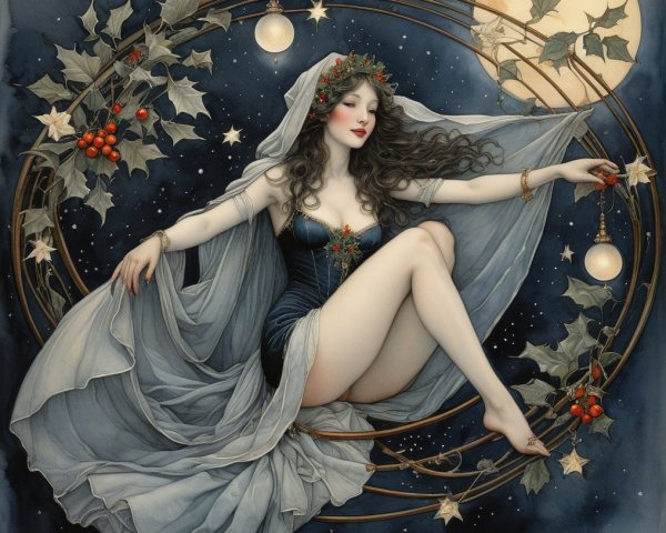 Mystical figure in blue gown against starry night