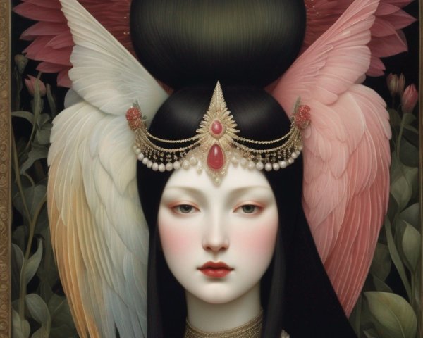 Serene figure with wings and ornate headdress in nature