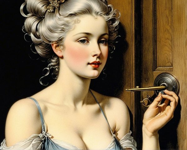 Elegant Woman with Blonde Hair and Crown by Door