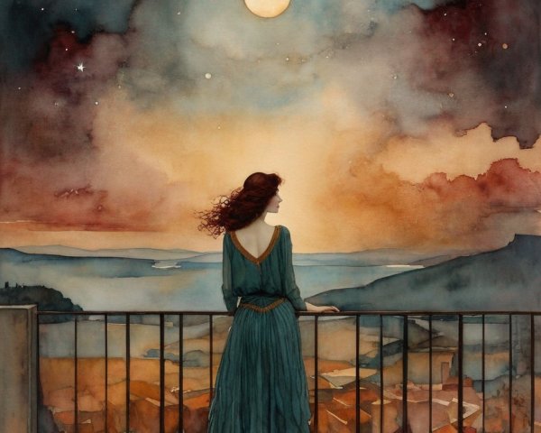 Woman in teal dress on balcony at twilight with moon and starry sky.