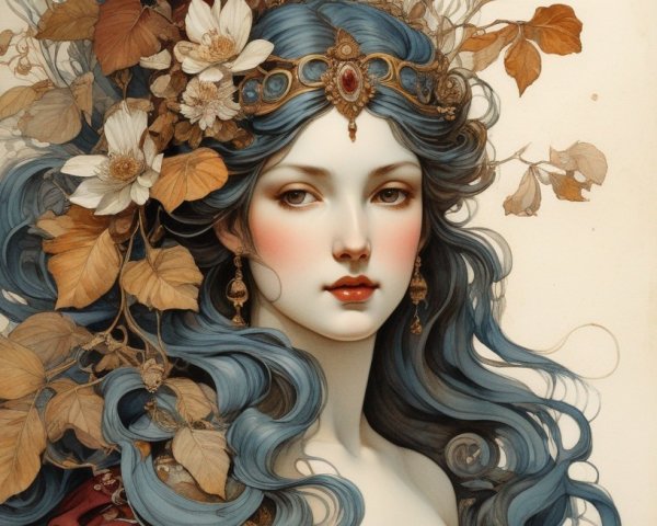 Fantasy illustration: Woman with blue wavy hair, adorned with autumn leaves and flowers, wearing golden