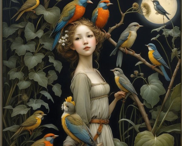 Young girl in vibrant foliage with colorful birds