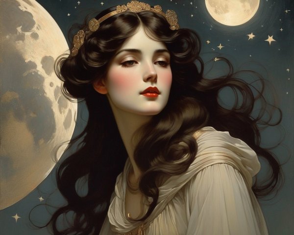 Young Woman in Elegant White Garment Under Starry Sky