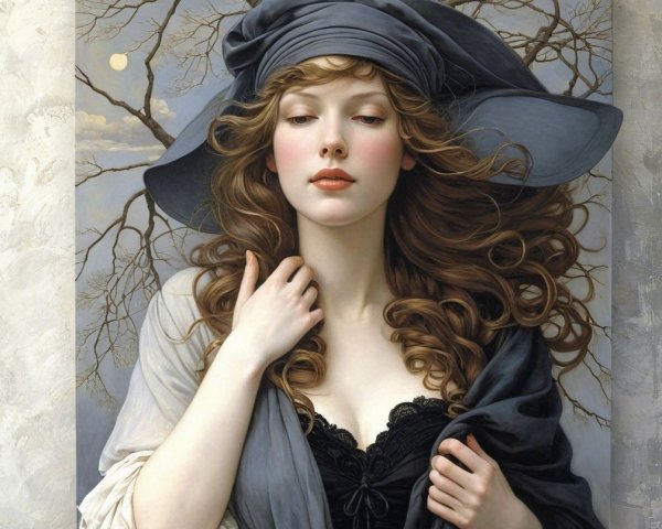 Young Woman in Lace Top with Serene Expression
