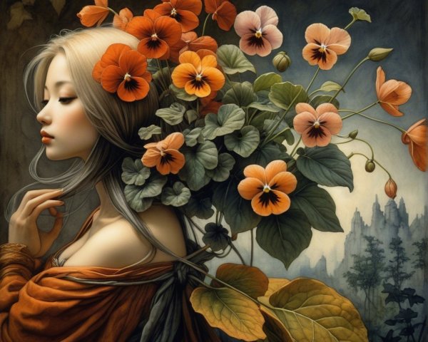 Serene Female Figure with Floral Elements in Artwork