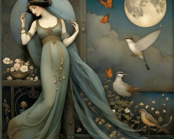 Serene Woman in Elegant Gown by Flowered Window