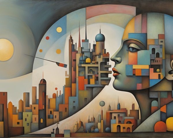 Abstract Composition of Woman and Cityscape in Color