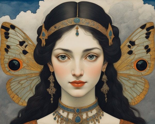 Woman with Butterfly Wings and Regal Jewelry