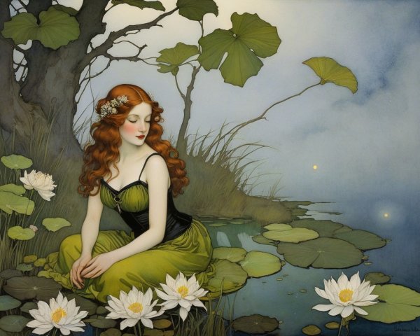 Ethereal Scene of a Woman on a Lily Pad