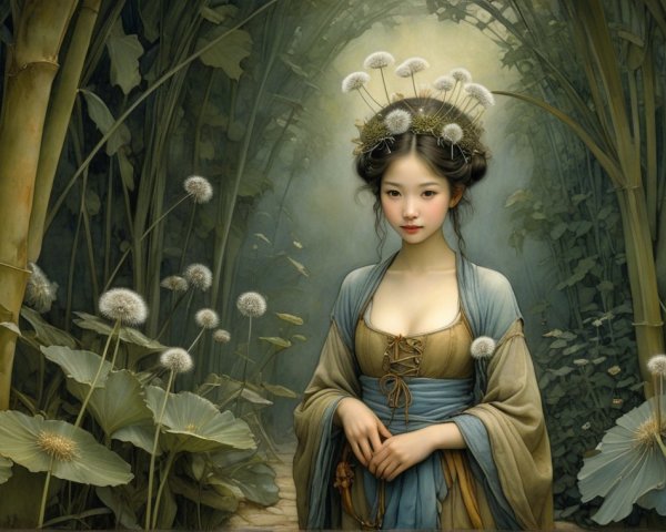 Young Woman in Elegant Gown Surrounded by Nature