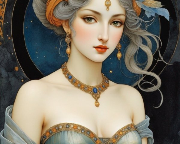 Adorned Woman with Silver Hair in Elegant Dress