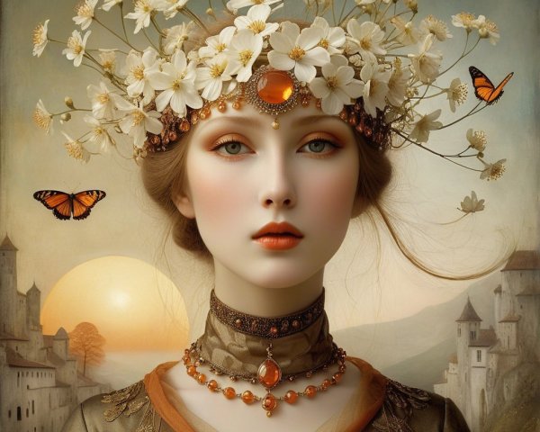 Floral Crowned Figure in Dreamy Sunset Landscape