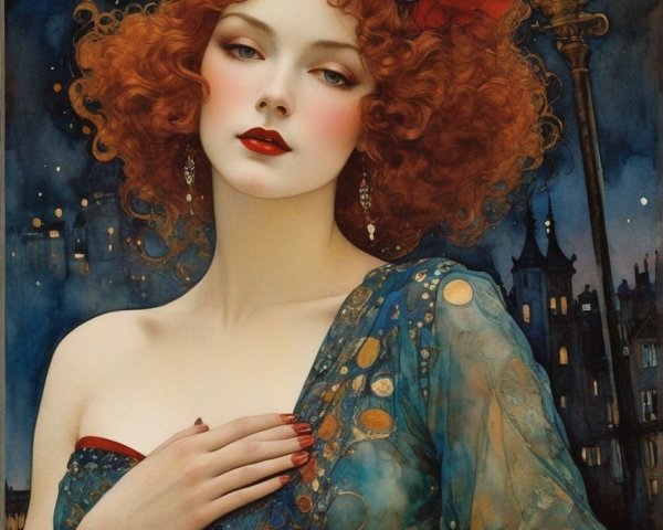Curly red-haired woman in stylish hat by lamp post at night.