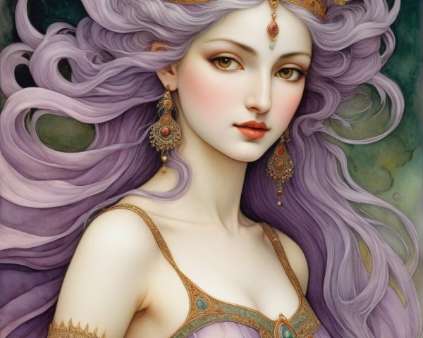 Illustration of a Woman with Purple Hair and Jewelry