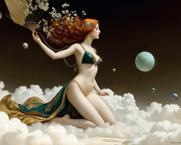 Ethereal Figure on Clouds with Celestial Background