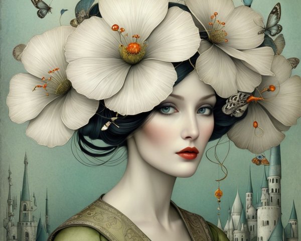 Ethereal Woman with Flowers and Dreamlike Background