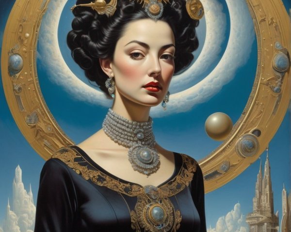 Regal Woman in Black Gown with Cosmic Halo