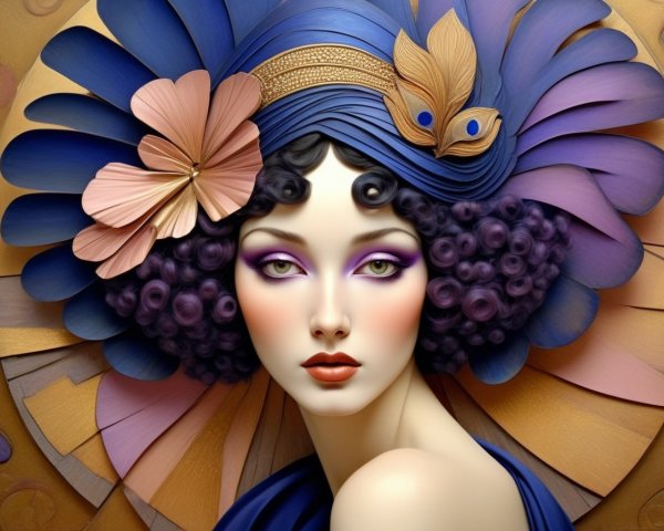 Artistic portrayal of a woman with purple hair and headpiece