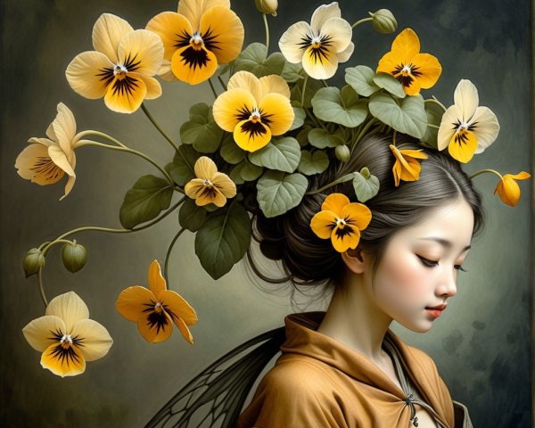 Serene woman with pansy headdress and flowing garment