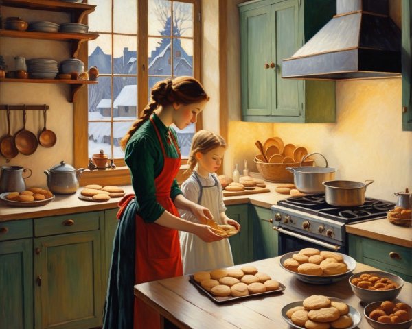 Cozy Kitchen Scene with Cookie Baking and Snowy View