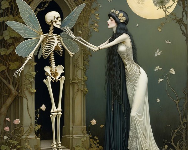 Skeletal Figure and Woman in Moonlit Encounter
