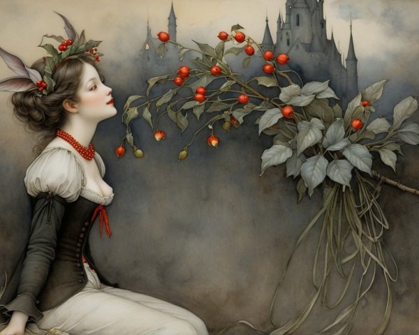 Whimsical Young Woman with Rabbit Ears in Vintage Dress