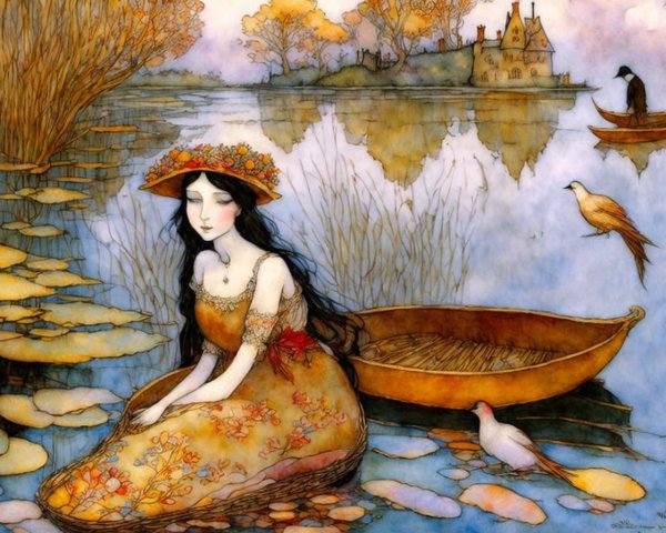 Woman with Floral Headwear by Lake with Boat, Birds, and Castle in Autumn