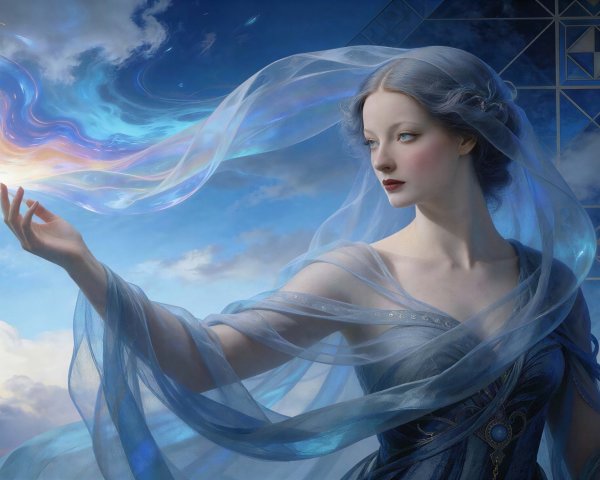Woman with Blue Hair in Dreamy Cloudy Sky