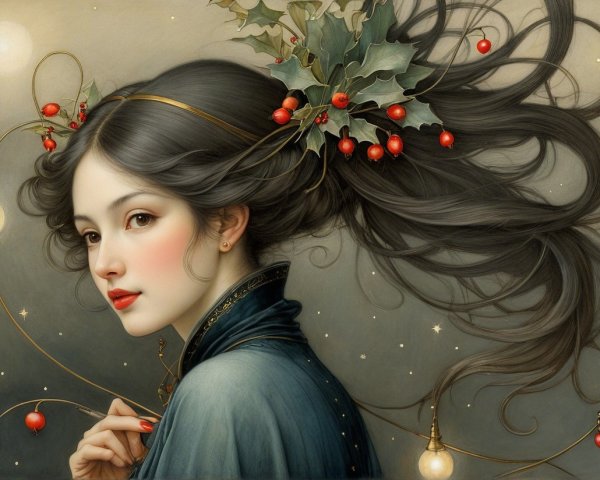 Portrait of a Woman with Holly and Ethereal Stars