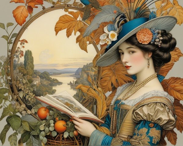 Elegant Woman in Vintage Dress Surrounded by Autumn Leaves