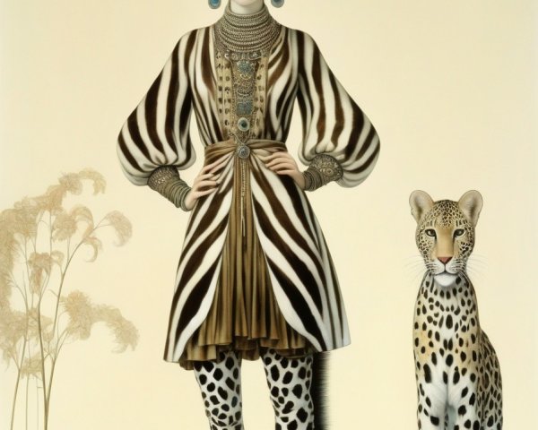 Stylized illustration of woman with leopards on pale background